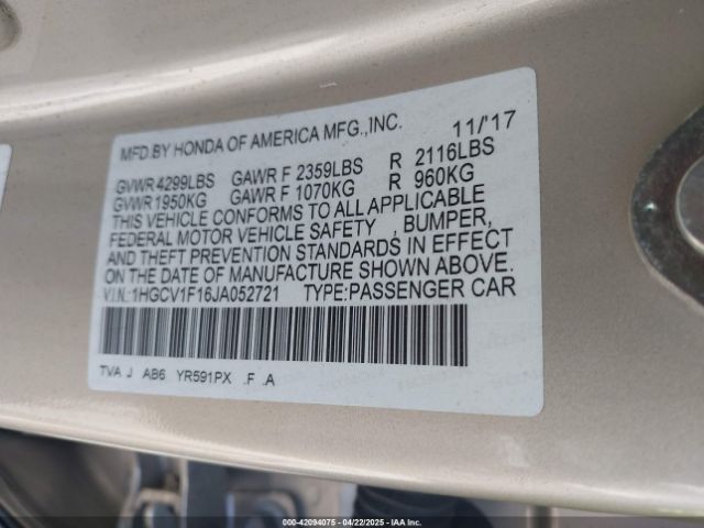 1HGCV1F16JA052721 Honda ACCORD LX