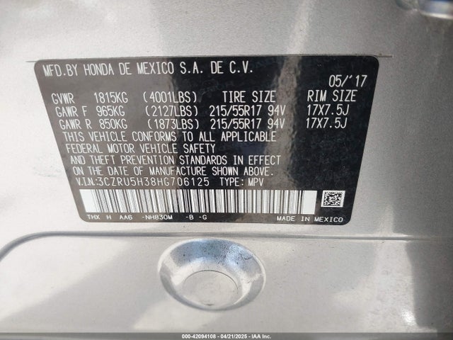 3CZRU5H38HG706125 Honda HR-V LX