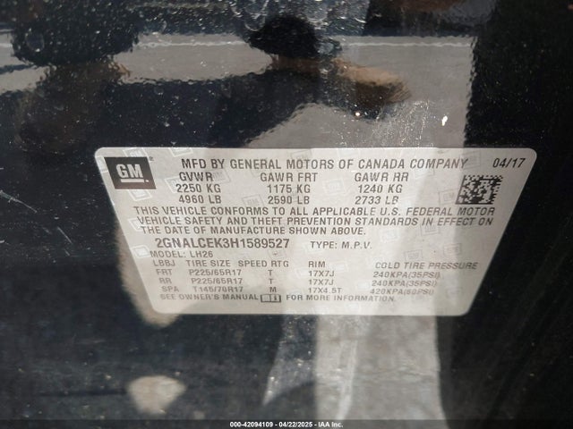 2GNALCEK3H1589527 Chevrolet EQUINOX LT
