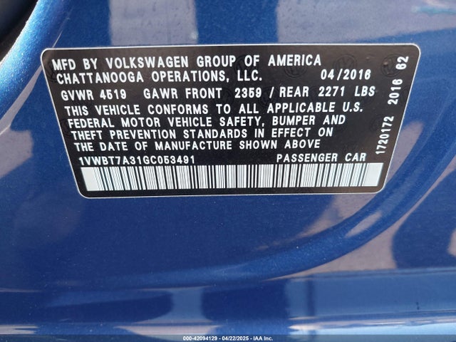 1VWBT7A31GC053491 Volkswagen 2016