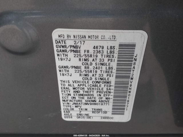 JN8AT2MV9HW019771 Nissan Rogue Sl