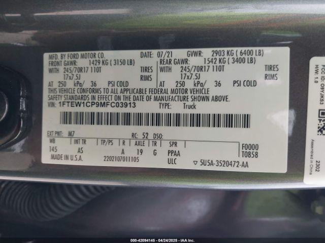 1FTEW1CP9MFC03913 Ford F-150 Xl