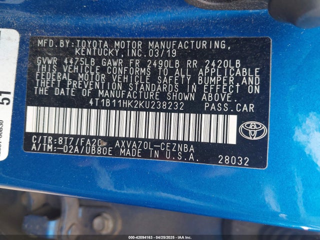 4T1B11HK2KU238232 Toyota CAMRY LE