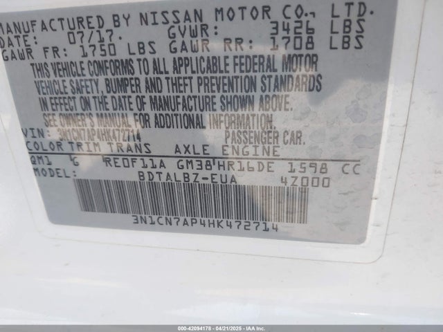 3N1CN7AP4HK472714 Nissan Versa 1.6 Sv