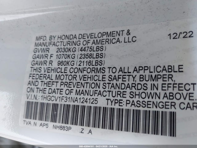 1HGCV1F31NA124125 Honda Accord Sport