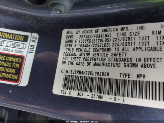 5J6RM4H72EL092989 Honda Cr-v Ex-l