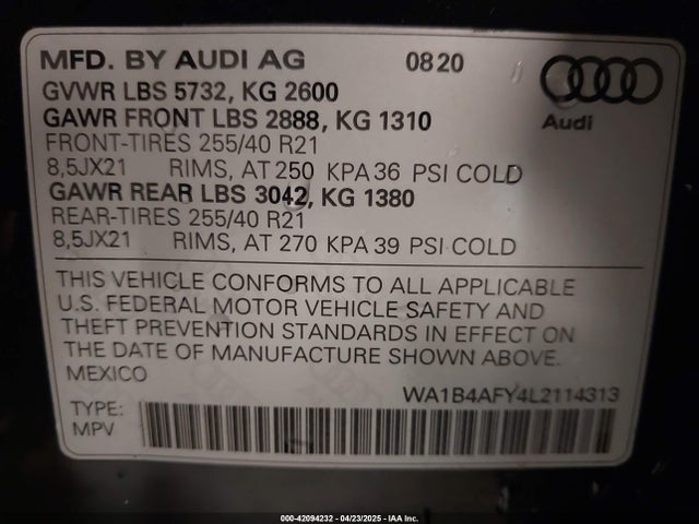 42094232 :رقم المزاد ، WA1B4AFY4L2114313 vin ، 2020 Audi Sq5 Premium Plus Tfsi Quattro Tiptronic مزاد بيع