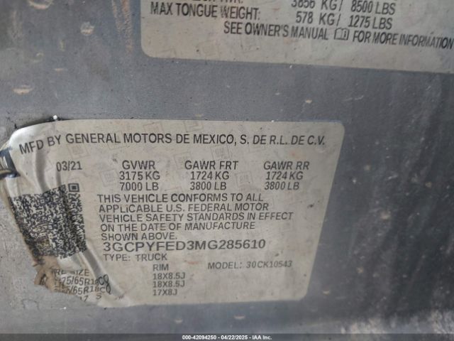 3GCPYFED3MG285610 Chevrolet Silverado 1500 4wd  Short Bed Lt Trail Boss