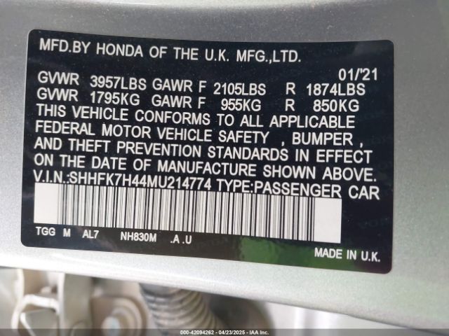 SHHFK7H44MU214774 Honda Civic Sport