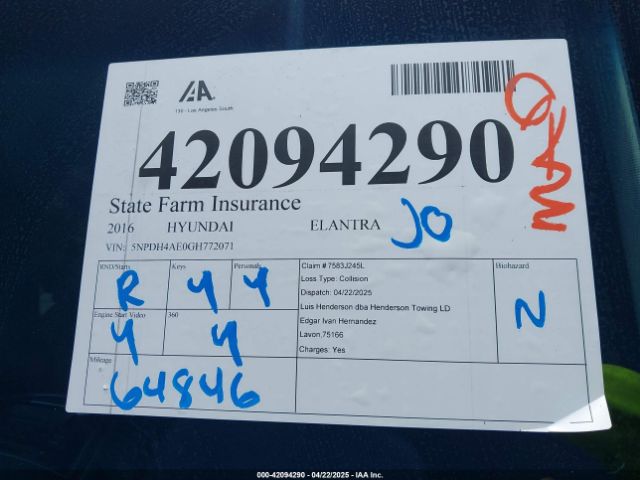 5NPDH4AE0GH772071 Hyundai ELANTRA SE