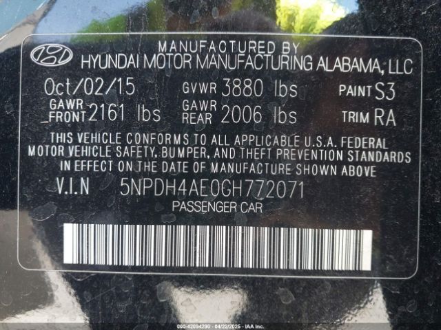 5NPDH4AE0GH772071 Hyundai ELANTRA SE
