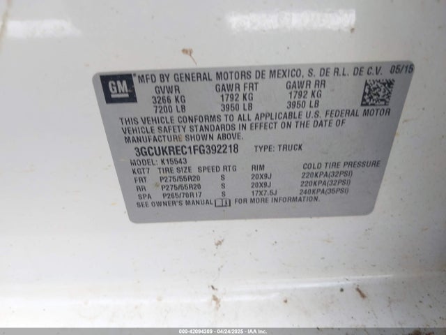 3GCUKREC1FG392218 Chevrolet Silverado 1500 1lt