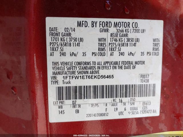1FTFW1ET6EKD56465 Ford F-150 Lariat