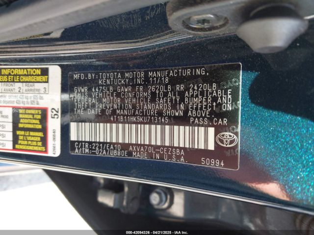 4T1B11HK5KU713145 Toyota CAMRY SE