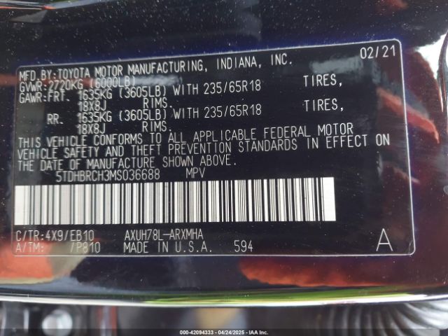 5TDHBRCH3MS036688 Toyota Highlander Hybrid Xle