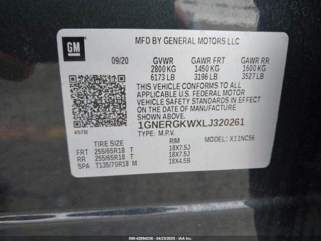 1GNERGKWXLJ320261 Chevrolet Traverse Fwd Lt Cloth