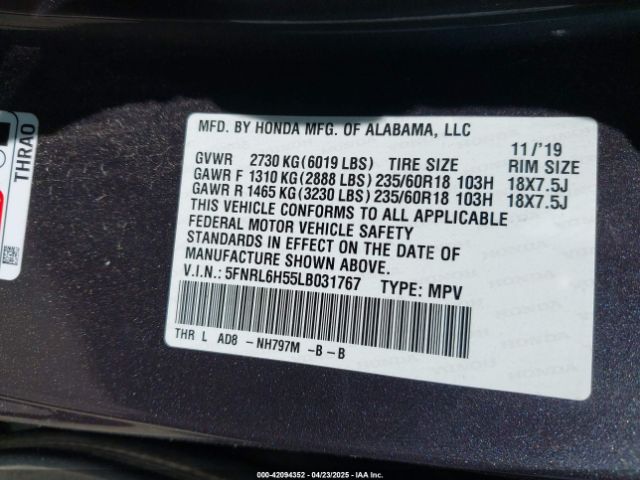 5FNRL6H55LB031767 Honda ODYSSEY EX