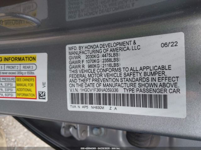 1HGCV1F36NA059336 Honda Accord Sport