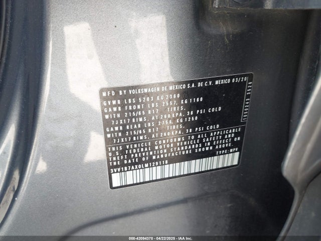 3VV1B7AX0LM129118 Volkswagen Tiguan 2.0t S