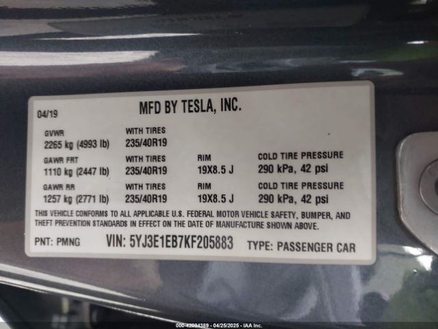 5YJ3E1EB7KF205883 Tesla Model 3 Long Range/performance
