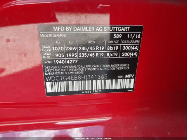 WDCTG4EB8HJ341365 Mercedes-Benz GLA 250