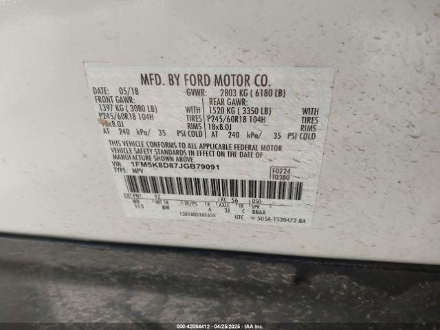 1FM5K8D87JGB79091 Ford EXPLORER XLT