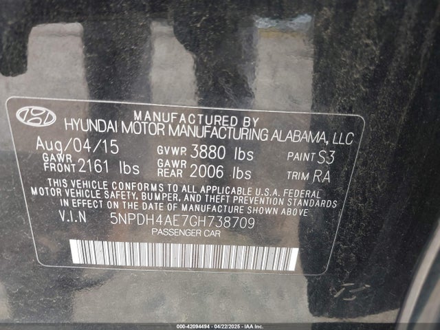 5NPDH4AE7GH738709 Hyundai ELANTRA SE