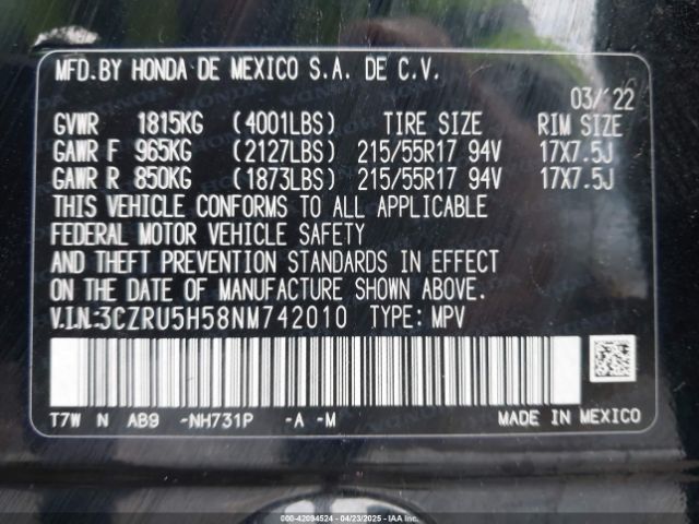 3CZRU5H58NM742010 Honda Hr-v 2wd Ex