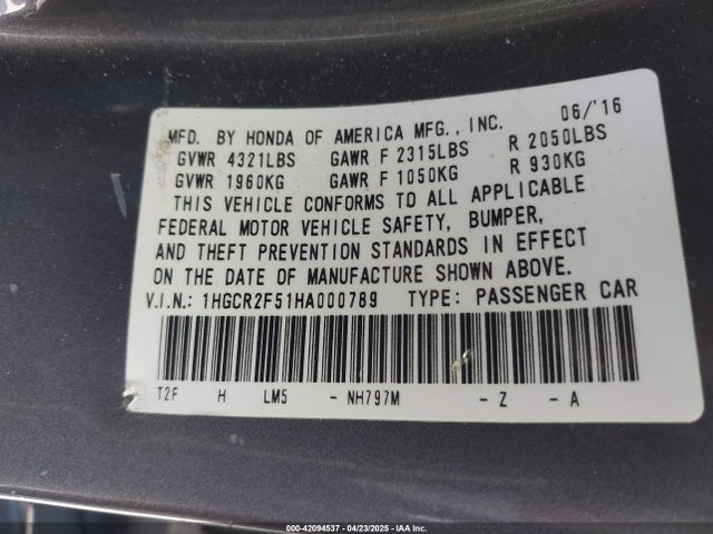 1HGCR2F51HA000789 Honda k24w1