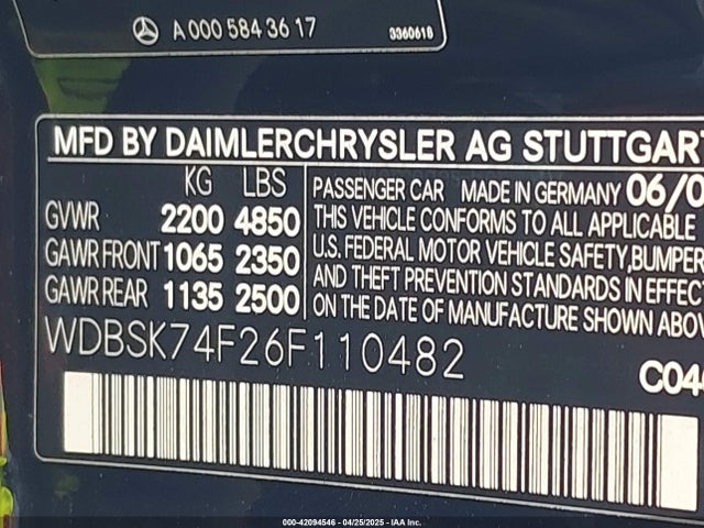 42094546 :رقم المزاد ، WDBSK74F26F110482 vin ، 2006 Mercedes-benz Sl-class 5.5l Amg مزاد بيع