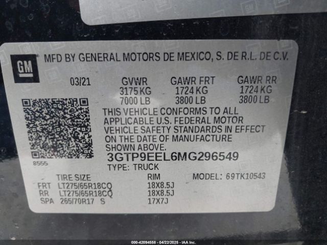 3GTP9EEL6MG296549 GMC Sierra 1500 4wd  Short Box At4