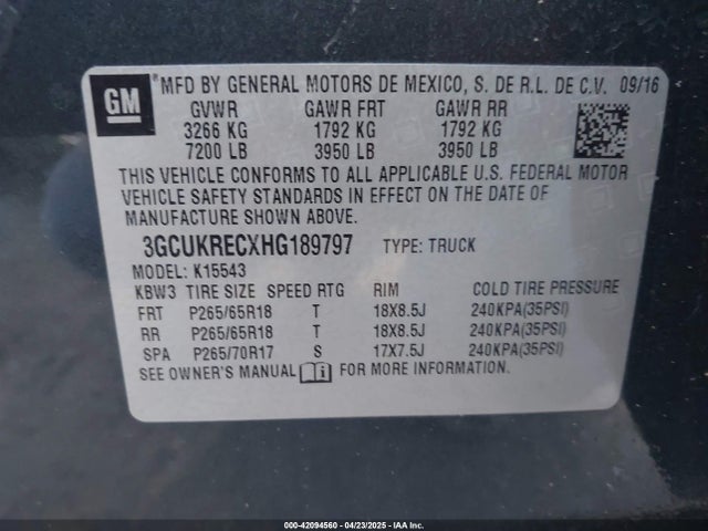 3GCUKRECXHG189797 Chevrolet l83 - sidi: spark ignited direct injection, vvt: variable valve timing, afm, e85 max, alum