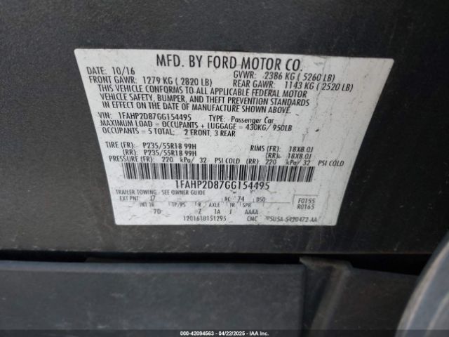 1FAHP2D87GG154495 Ford TAURUS SE