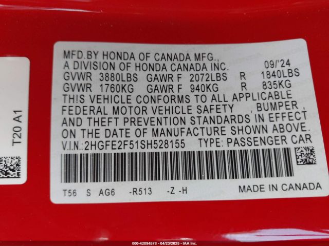 2HGFE2F51SH528155 Honda Civic Sport