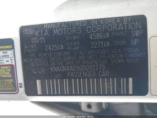 KNAGN4AD5G5092273 KIA Optima Hybrid Ex
