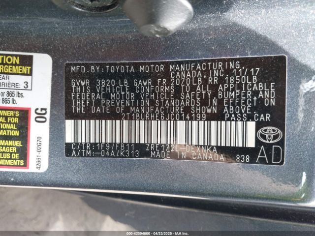 2T1BURHE6JC014199 Toyota COROLLA LE