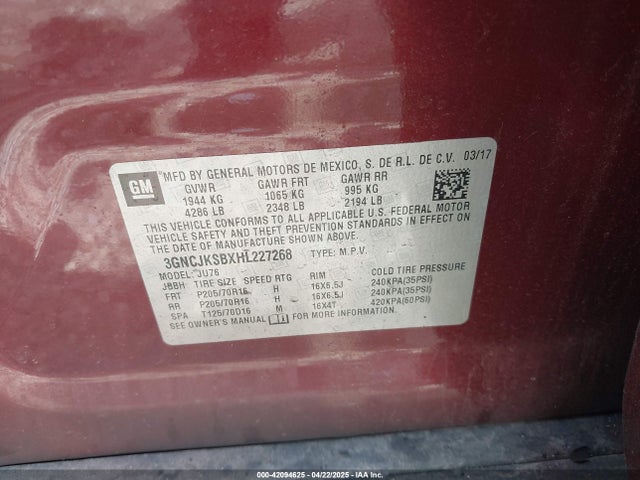 3GNCJKSBXHL227268 Chevrolet TRAX LS