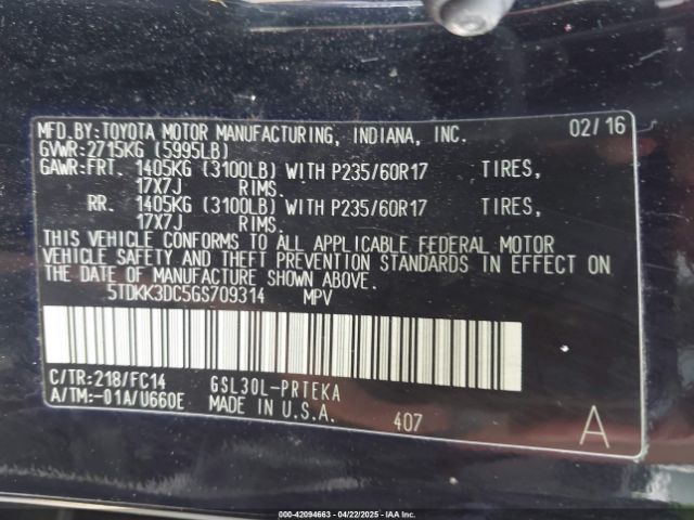 5TDKK3DC5GS709314 Toyota Sienna Le 8 Passenger