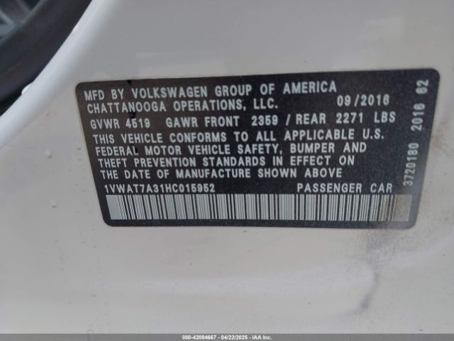 1VWAT7A31HC015952 Volkswagen Passat 1.8t S