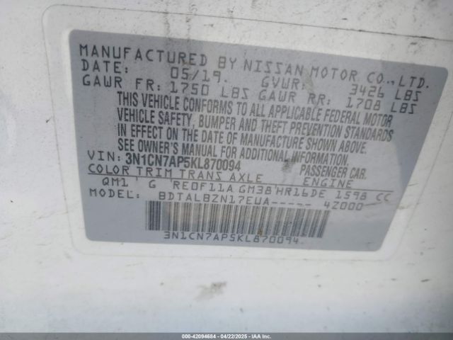 3N1CN7AP5KL870094 Nissan Versa 1.6 Sv