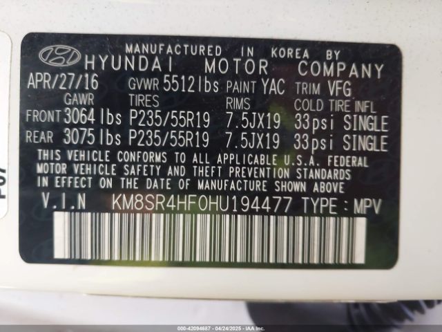 KM8SR4HF0HU194477 Hyundai Santa Fe Limited Ultimate