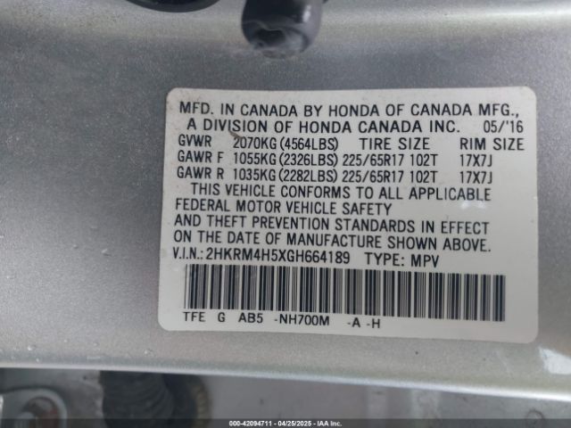 2HKRM4H5XGH664189 Honda CR-V EX
