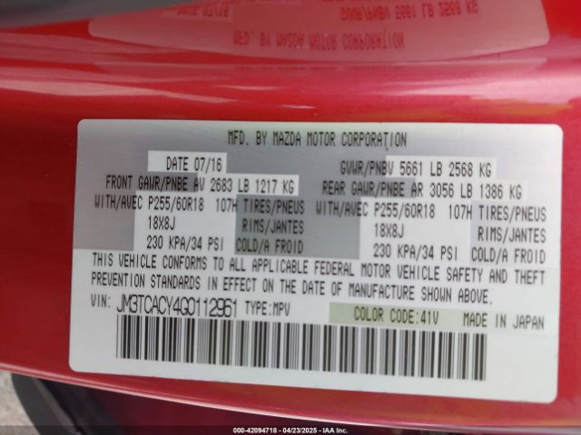 JM3TCACY4G0112961 Mazda Cx-9 Touring