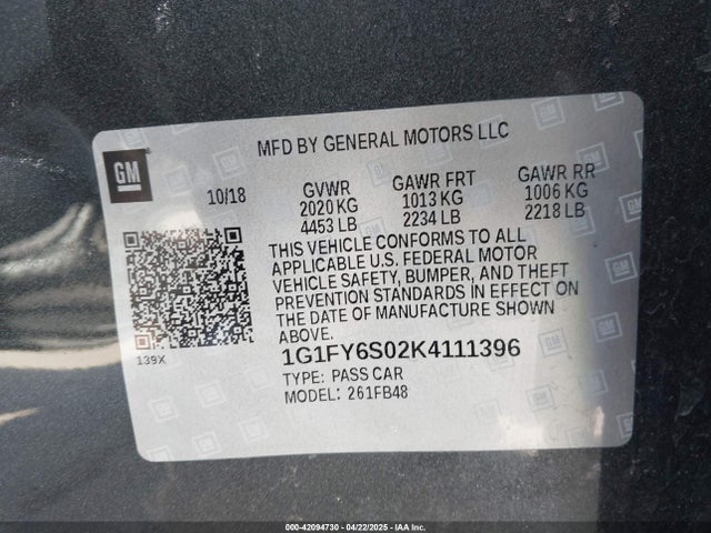 1G1FY6S02K4111396 Chevrolet 2019