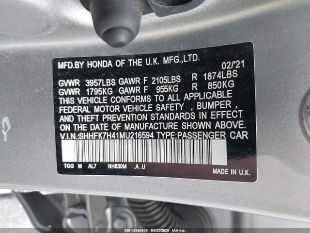 SHHFK7H41MU216594 Honda Civic Sport