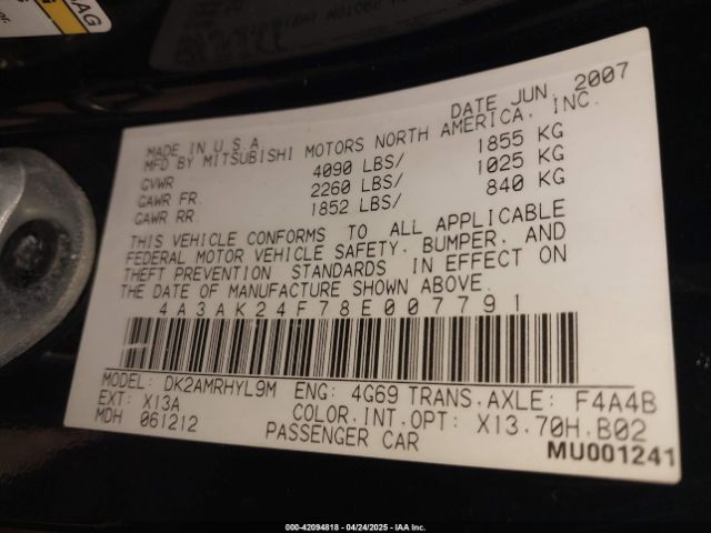 2008 MITSUBISHI ECLIPSE 4A3AK24F78E007791 Photo 8