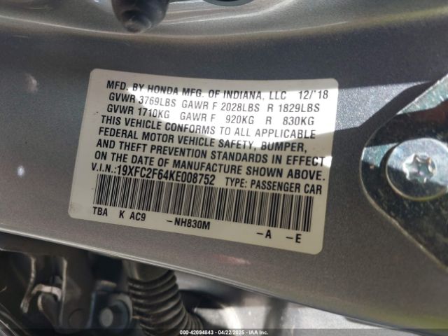 2019 HONDA CIVIC 19XFC2F64KE008752 Photo 8