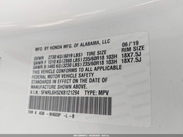 5FNRL6H52KB121294 Honda ODYSSEY EX