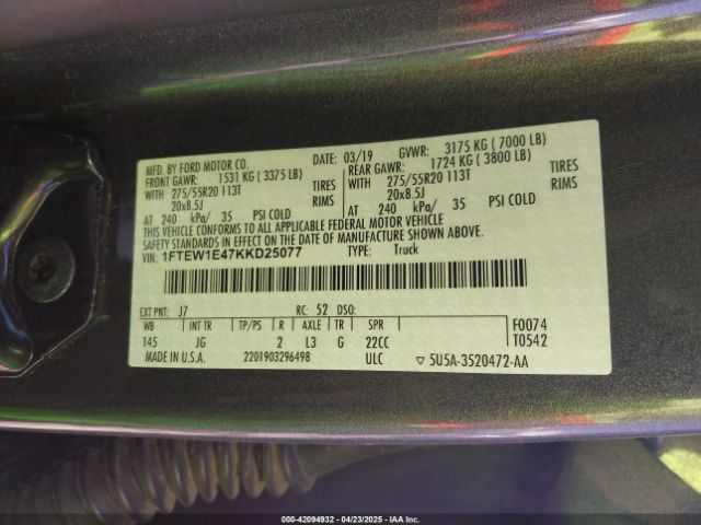 1FTEW1E47KKD25077 Ford F-150 Xl