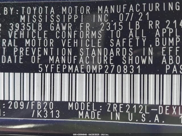 5YFEPMAE0MP270831 Toyota COROLLA LE
